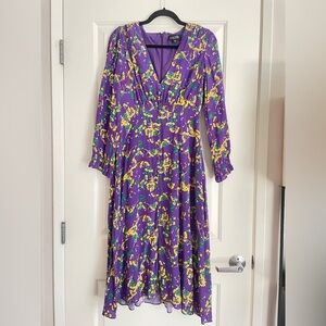 Saloni Sweet Peas Eve Midi Purple Floral Dress 4 100% Silk long sleeve